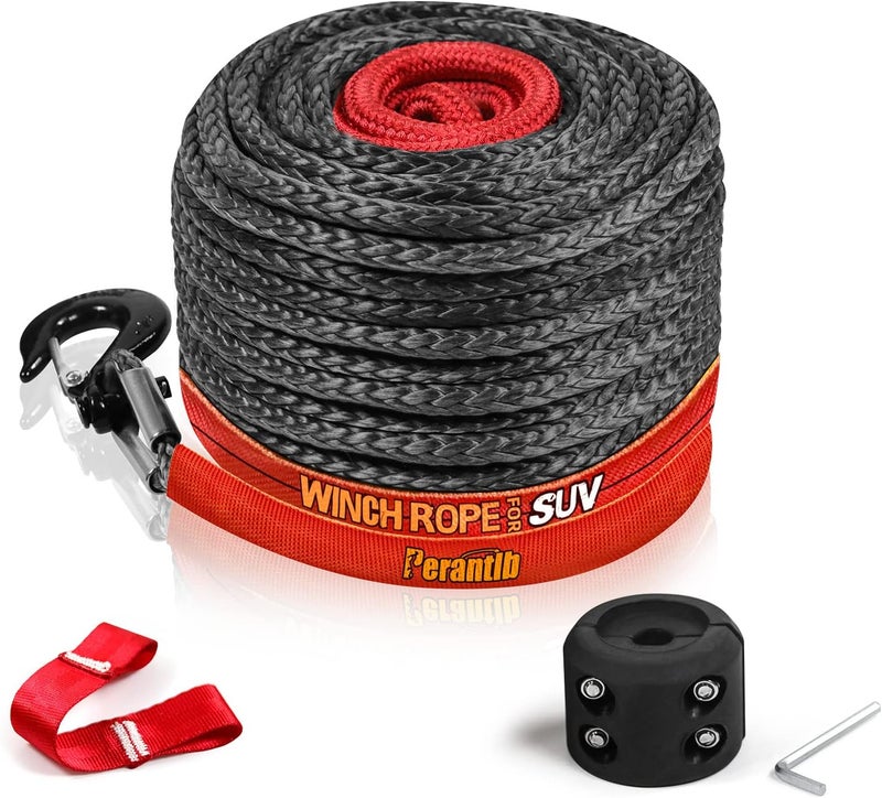 Perantlb Synthetic Winch Rope 3/8" x 100'-23800 lbs Winch Line with Protective Sleeve,Forged Winch Hook,Safety Pull Strap go for 4WD Road Vehicle Truck SUV ATV UTV（Black Gray）… - Image 1